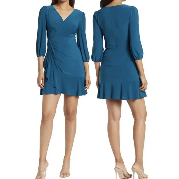 Eliza J Women’s Faux Wrap Surplice Neck Drapey Mini Dress Size 6 Teal - Picture 1 of 9